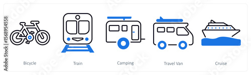 A set of 5 mix icons as bicycle, train, camping