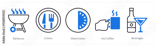 A set of 5 mix icons as barbecue, cutlery, watermelon