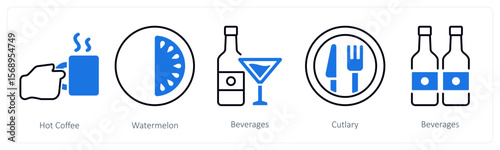 A set of 5 mix icons as hot coffee, watermelon, beverages
