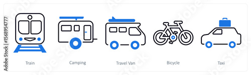 A set of 5 mix icons as train, camping, travel van