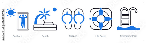 A set of 5 mix icons as sunbath, beach, slipper