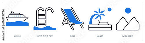 A set of 5 mix icons as cruise, swimming pool, rest