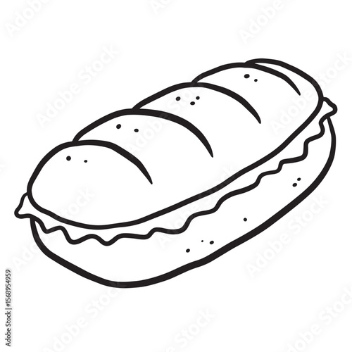 Simple black and white illustration of a delicious sub sandwich with fresh ingredients