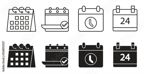 Calendar Icon Set, Calendar symbols collection, Meeting Deadline Icons, Time Management, appointment schedule, isolated on white background, vector illustration.