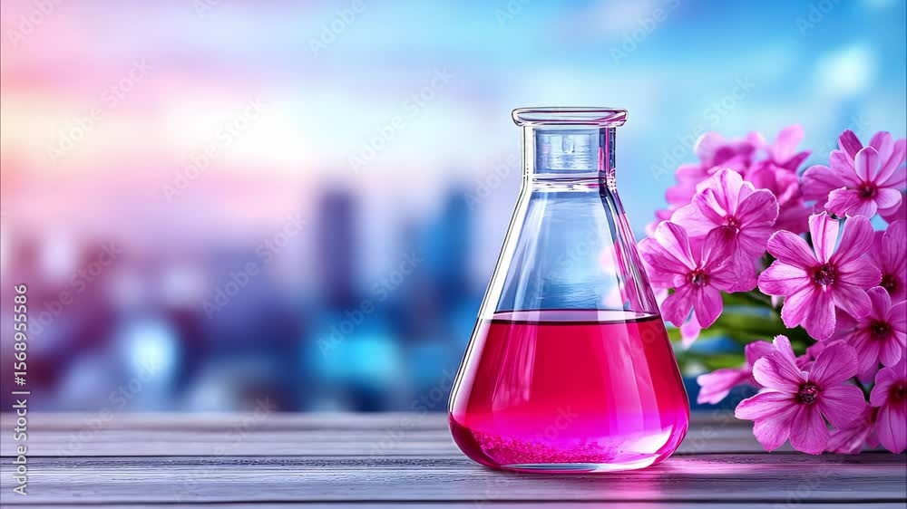 A glass flask containing pink liquid next to vibrant flowers, set against a blurred cityscape background.