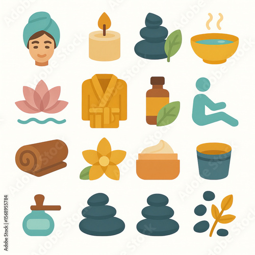 Spa and Wellness Icon Set with Relaxation Symbols, Aromatherapy, Massage, and Natural Elements in Flat Design