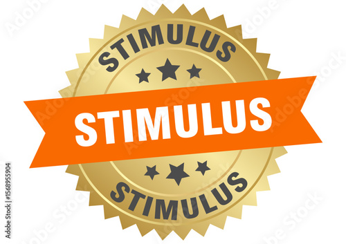 stimulus. stimulus round orange and gold label isolated on transparent background