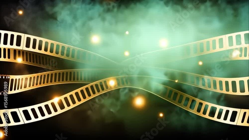 A stylized background featuring film strips and a glowing light, surrounded by a misty, cosmic atmosphere.