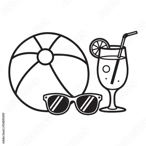 Summer vacation essentials beach ball sunglasses and refreshing drink vector illustration