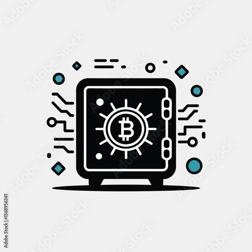 Minimalist Icon Illustration Black Safe Bitcoin Cryptocurrency Digital Currency Security Finance Technology Concept Blue Teal Accents Circuit Board Lines