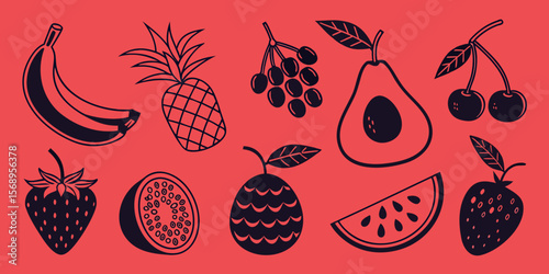 Black fruit icons set with simple shapes. Includes banana, strawberry, pineapple, watermelon, grapes, mango, blueberries, peach, cherry, lemon, avocado, pear, and kiwi in red background