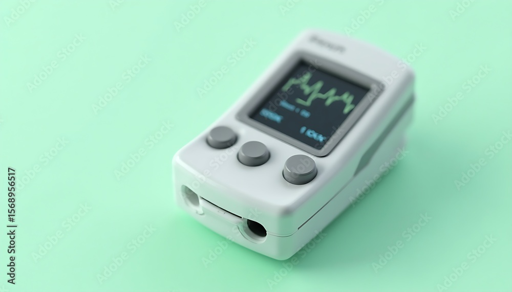 Portable ECG device displaying heartbeat waveform on a light green background Portable ECG device displaying heartbeat waveform on a light green background