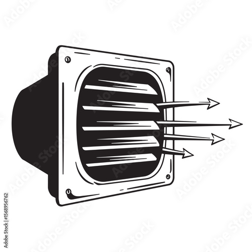 Vector illustration of an air vent with arrows showing air flow in monochrome