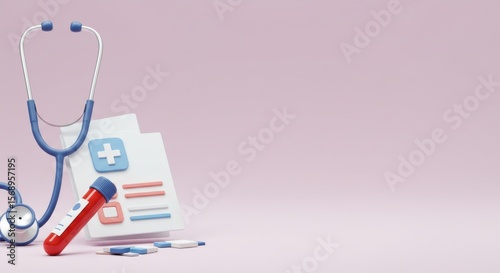 Medical Healthcare 3D Render: Stethoscope, Medical Report, Blood Test Tube, and Pills on Pink Background