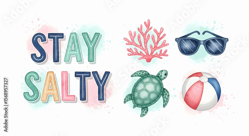 Happy summer text set vector icon with turtle, beach ball, coral, sunglasses and summer quote