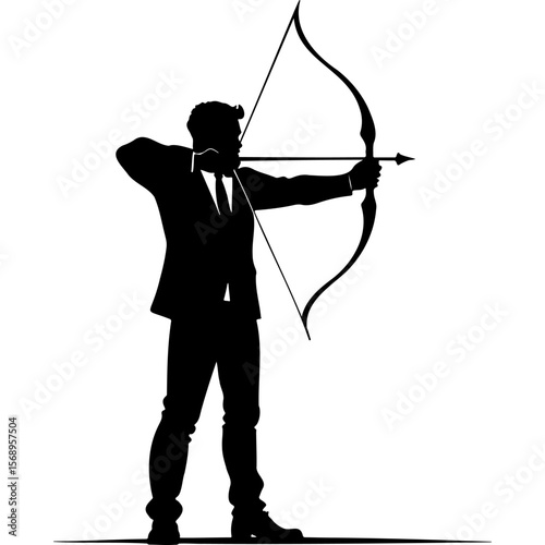 Sketchy emblem of office worker aims a bow at the future of his career. Engraving minimalistic vector in black ink drawing on transparent background