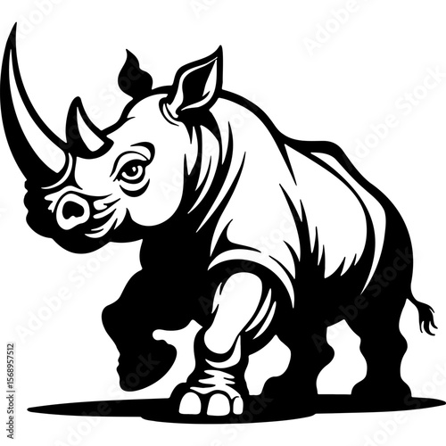 Sketchy emblem of Running angry rhinoceros front side view. Engraving minimalistic vector in black ink drawing on transparent background