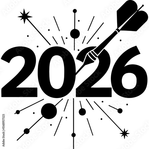 Sketchy emblem of Darts dart hits the exact center of the 2026 inscription. Engraving minimalistic vector in black ink drawing on transparent background