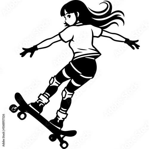 Sketchy sport emblem of skateboarder athlete on a skateboard. Engraving minimalistic vector in black ink drawing on transparent background