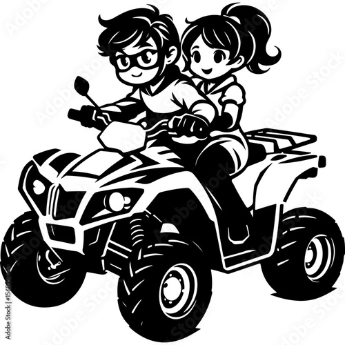 Sketchy sport emblem of Guy and a girl are riding an ATV off-road. Engraving minimalistic vector in black ink drawing on transparent background