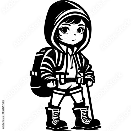Sketchy sport emblem of young tourist with a backpack on her shoulders in monochrome. Engraving minimalistic vector in black ink drawing on transparent background