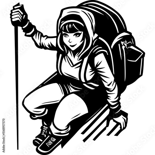 Sketchy sport emblem of tired tourist girl with a big backpack resting sitting on the ground in monochrome. Engraving minimalistic vector in black ink drawing on transparent background