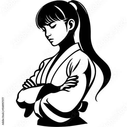 Tattoo emblem of karate girl confidently crossed her arms on her chest in monochrome. Engraving minimalistic vector in black ink drawing on transparent background