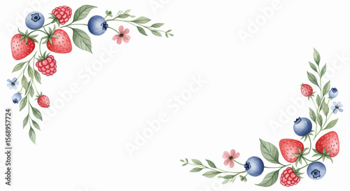 Happy summer text set vector icon with colorful hand-drawn berries forming a corner floral decoration