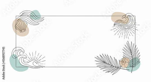 Happy summer text set vector icon with seashell and coastal frame made of ocean wave elements