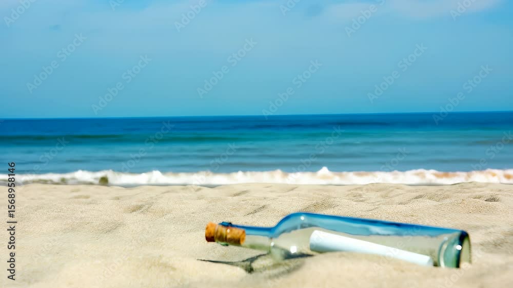 A bottle with a paper bundle inside, on the sand near the waves. The view slowly goes up and focuses from the bottle to the waves.