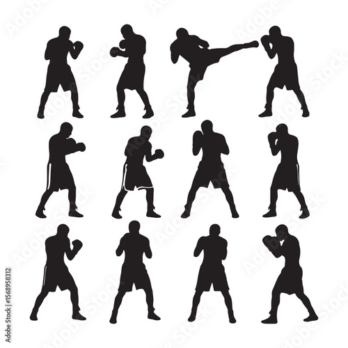Twelve Black Silhouettes of Boxers Demonstrating Diverse Boxing Stances Techniques Including Jabs Punches and Kicks Against a White Background