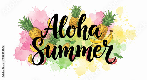 Happy summer text set vector icon with “Aloha Summer” phrase and watercolor floral background
