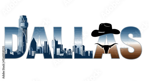 Dallas skyline with Texas, cowboy, silhouette, and text art.