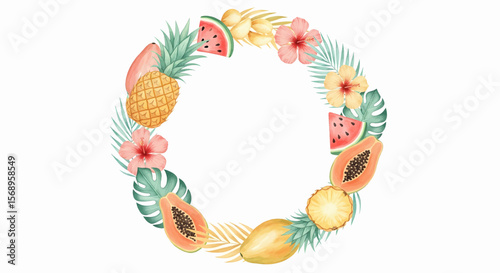 Happy summer text set vector icon with tropical fruit circular frame including pineapple and citrus