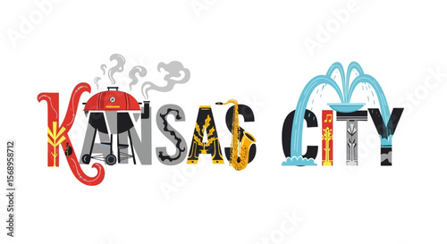 Kansas City Landmark Art with BBQ, Saxophone, and Fountain.