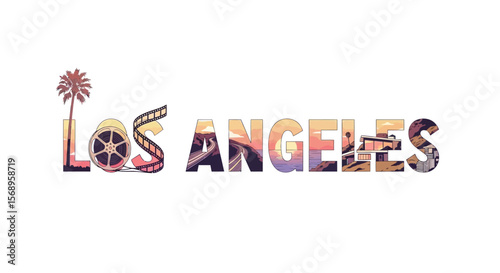 Los Angeles Graphic with Hollywood, California, and Sunset.