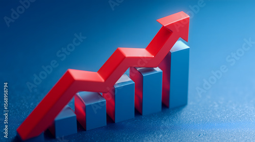 Red arrow pointing up on a blue bar graph, representing a business or market growth concept.