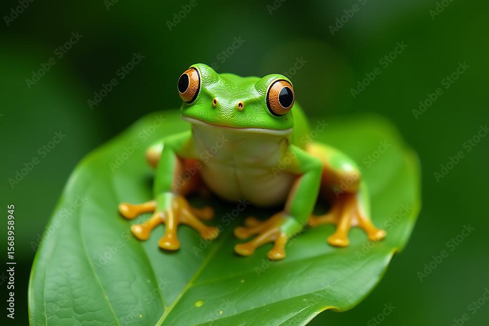 Green Tree Frog with Orange Feet on Leaf in Rainforest
Green Tree Frog with Orange Feet on Leaf in Rainforest