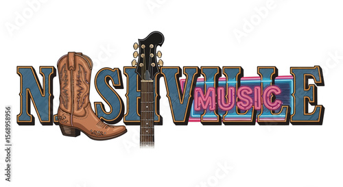 Nashville Music Country with Guitar, and Boot Sign.