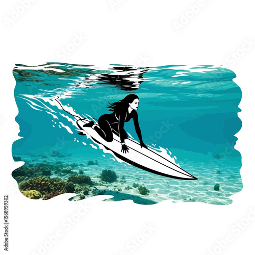 Graceful Woman Surfer Paddling in Crystal Clear Ocean Water
