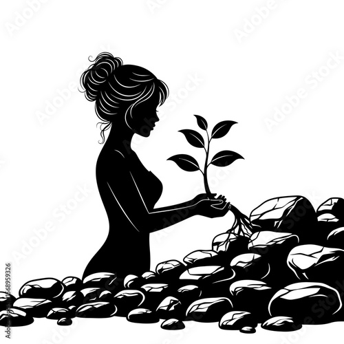 Hope & Growth: Young Woman Holding Plant Growing Through Stones