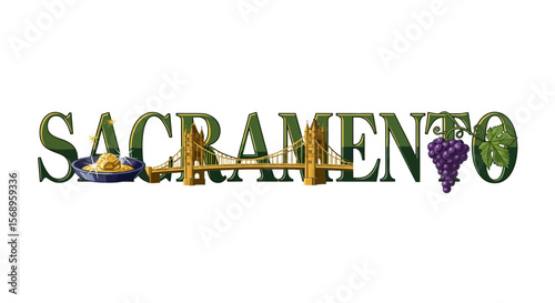 Sacramento California Icon with Bridge, Grapes, and Gold.