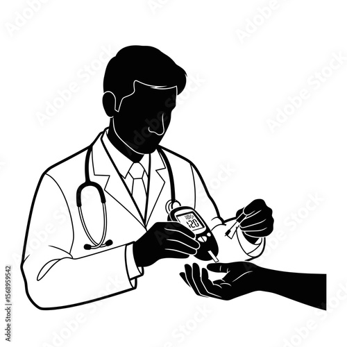 Silhouette Icon: Doctor Checking Blood Sugar with Glucometer