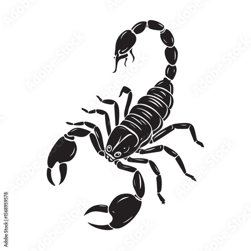 A minimalist silhouette vector of a scorpion, scorpion isolated on white background, Black and white scorpion silhouette, ideal for logos, branding, and wildlife themed digital art