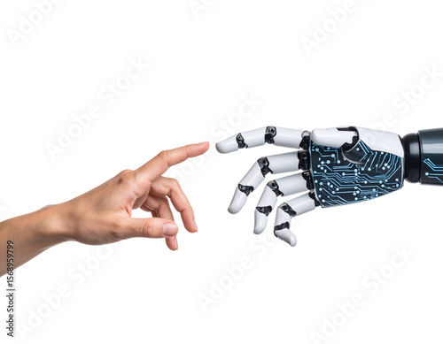 Side-by-Side Human and Robot Hands Almost Touching – White Isolated Background.