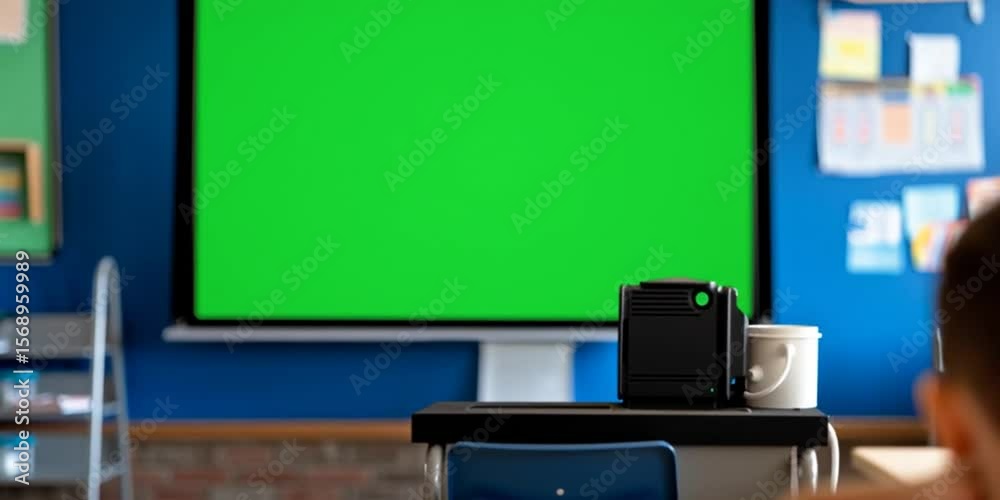 A projector with a green screen in a school classroom