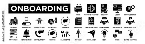  Onboarding icon set. Editable Stroke Icon Collection. User Welcome, Getting Started, Sign Up, Login, Profile Setup, Checklist, Walkthrough, Handshake, User Guide, Introduction, Tutorial, Progress Bar
