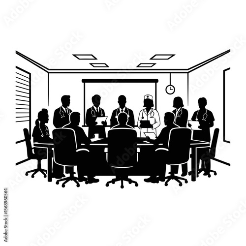 Silhouette Icon: Medical Staff Morning Briefing in Hospital Boardroom