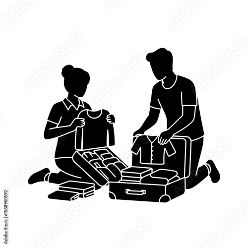 Silhouette Icon: Friends Packing Suitcase, Organizing Clothes at Home