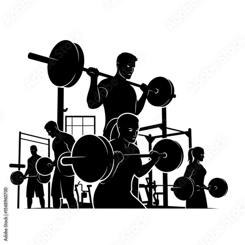 Silhouette Icon: Sportive People Seriously Lifting Barbells in Gym